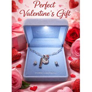 Silver Plated Heart Charm Bracelet & CZ Earrings Set w/ Light Up Gift Box